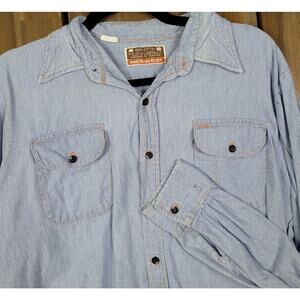 Men Shop Vintage 70s 80s Button Up Cotton Chambray Denim Long Sleeve Shirt Large